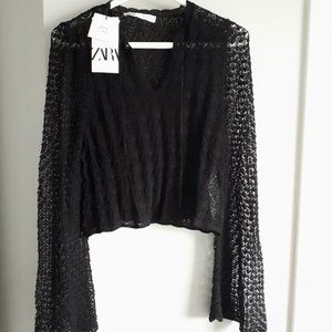 Zara Black Open Knit Cropped Top NWT